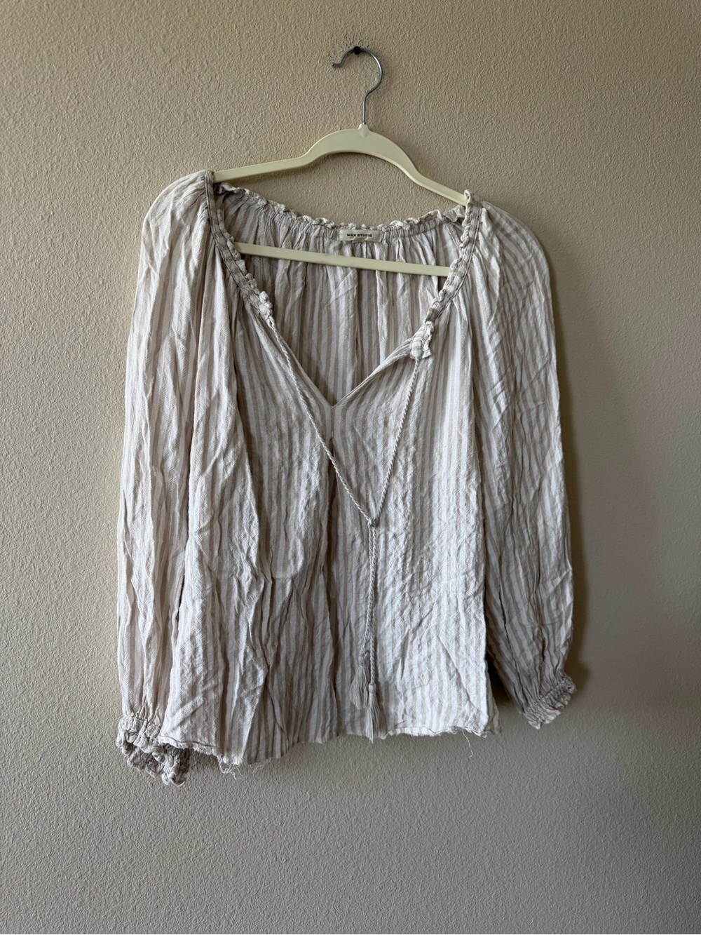 Max Studio Cream Striped Peasant Blouse with Braided Tie